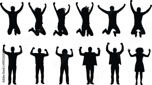 People silhouettes celebrating success with raised arms and jumping poses, illustrating happiness, victory, achievement, motivation, and positive emotion concepts