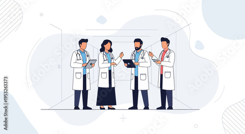 Medical Team Collaboration: Doctors Discussing Patient Care in Modern Hospital Corridor