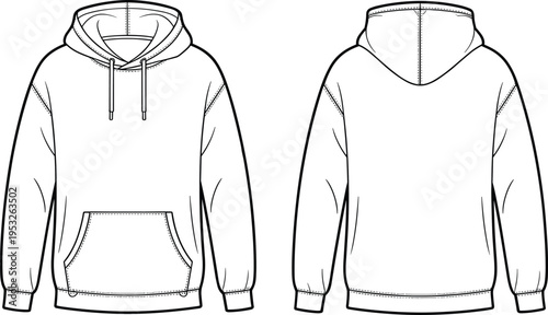 Flat vector hoodie sweatshirt illustration, fashion garment design, clothing sketch template