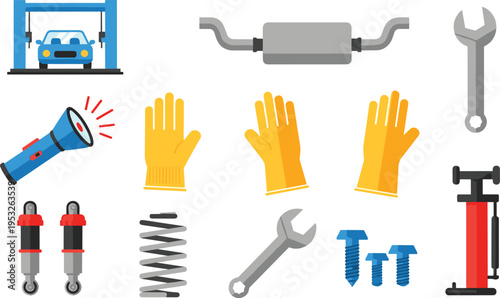 Comprehensive set of flat automotive repair icons including car lift muffler wrench flashlight safety gloves shock absorbers spring bolts and manual air pump.