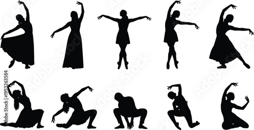 Set of female dancer silhouettes in expressive poses, showcasing contemporary dance movements, flexibility, performance art, body motion, and artistic choreography concepts
