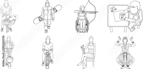 Collection of six abstract sketches of humanoid figures isolated on transparent background