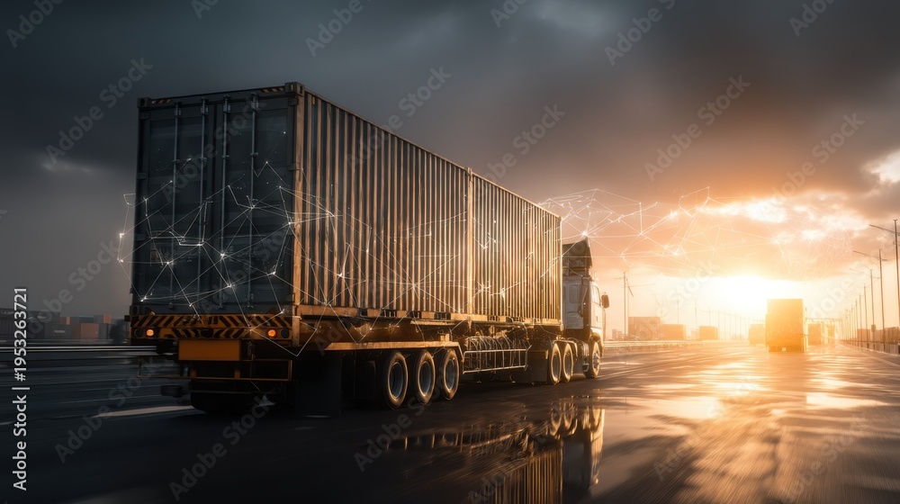 Obraz premium Trucking operations at sunset urban highway vehicle photography industrial environment dynamic perspective