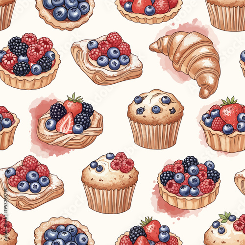 A seamless pattern of assorted baked goods including muffins and a croissant filled with mixed berries on a white background with pink accents.