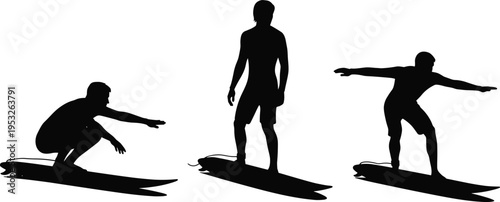 Surfer silhouettes riding waves in different poses, illustrating ocean sport, surfing action, balance, adventure, and active lifestyle concepts