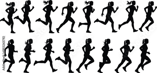 Black silhouette set of a woman running and sprinting in different motion sequences isolated on white background for sports and fitness vector design.