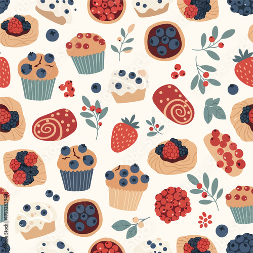 Colorful pattern of various sweet baked goods and fruits including muffins cupcakes and berries on white background.