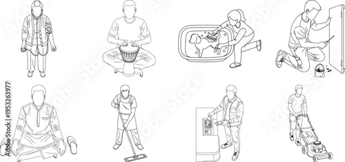 Collection of blurry sketches of people in various poses isolated on transparent background