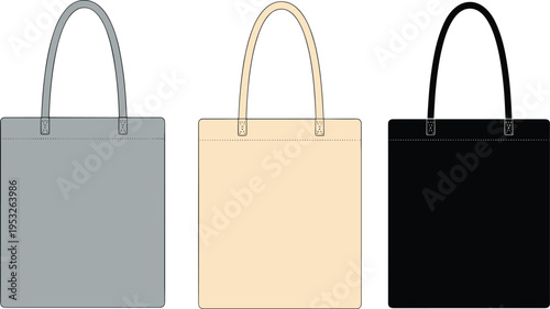 Flat vector tote bag illustration, fashion accessory design, product color variation sketch