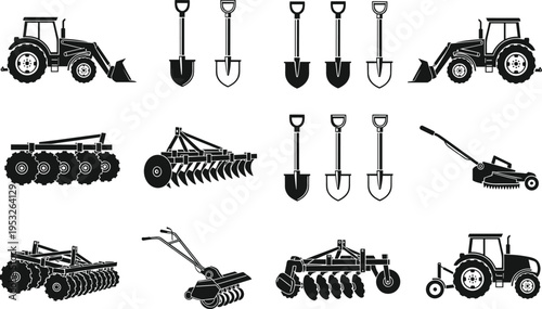 Set of black agricultural equipment silhouettes featuring tractors plows shovels disc harrows and lawn mowers isolated on white background for farming and gardening design.