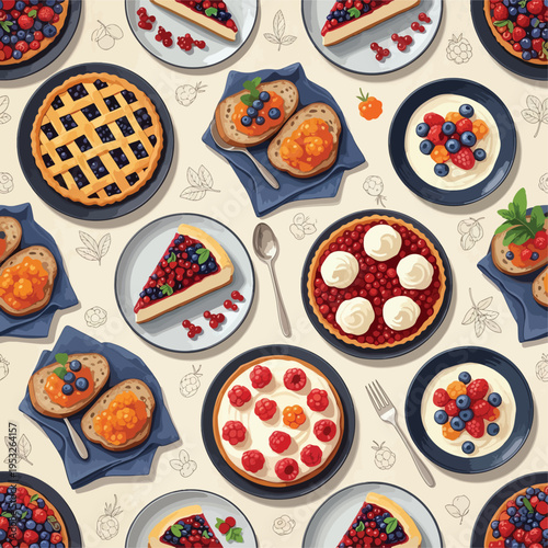 Digital illustration of assorted desserts on plates and napkins with utensils against a beige background with subtle kitchen utensil outlines.