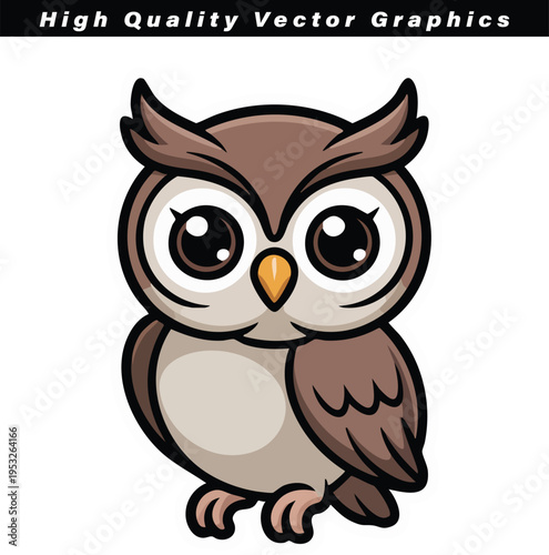 Charming stylized owl character with large brown eyes and prominent ear tufts is depicted facing forward, suitable for educational or nocturnal themes.