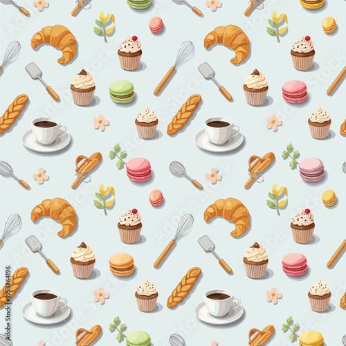 Seamless pattern of assorted pastries, desserts, and coffee cups with utensils on a light blue background.