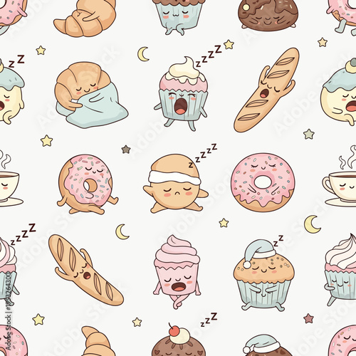 A colorful pattern of cartoon food items and sleepy faces on a white background with stars and moons.
