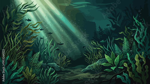 Underwater Kelp Forest Scene with Sunbeams, Marine Life, Ocean Depths