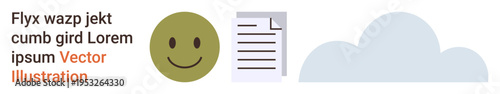 Digital communication, online services, data storage, happiness, productivity, cloud computing. happy face, document and cloud side by side. Digital communication and online services concept