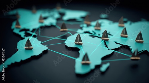 Global trade networks and maritime routes world map digital artwork modern environment aerial view connectivity concept