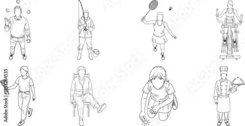 Eight medieval illustrations of people isolated on transparent background