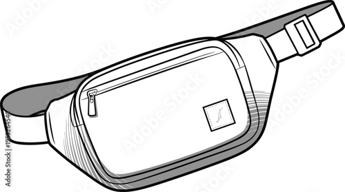 Flat vector line drawing waist bag illustration, fashion accessory design sketch