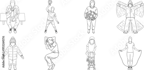 Collection of six detailed sketches of humanoid figures isolated on transparent background