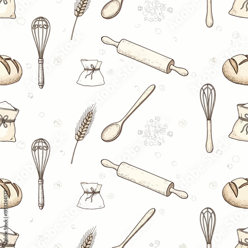 Seamless pattern of baking tools and ingredients on a white background with a vintage illustration style and warm beige tones.