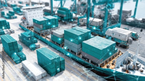 Container ship loading cargo at port industrial shipping aerial view global trade concept