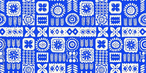 Intricate blue and white floral and geometric pattern repeating seamlessly