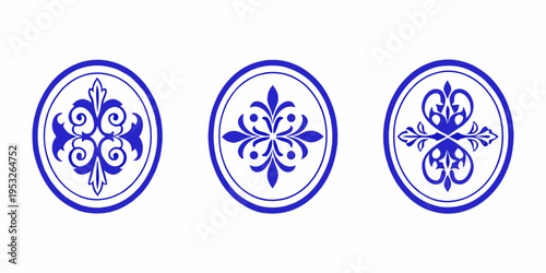 Three blue and white oval frames featuring ornate floral designs