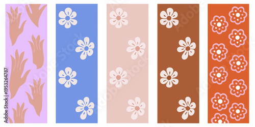 A series of vertically oriented panels featuring floral and leaf patterns