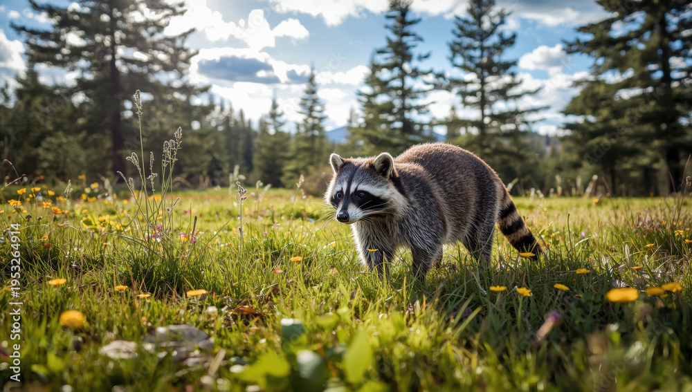 Obraz premium Young raccoon walking through sunlit meadow with wildflowers and pine trees