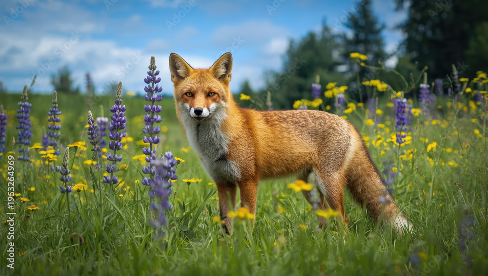 Fototapeta premium Red fox in wildflower meadow with lupine and yellow daisies, alert expression in sunlight