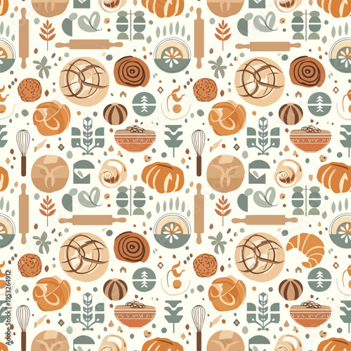Seamless pattern of various baking utensils, pastries, and leaves in orange, green, and beige hues on a white background.