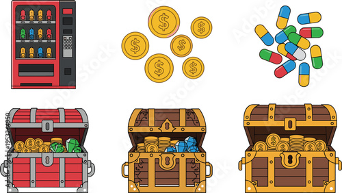 Set of game assets featuring treasure chests with gold coins and gems medical pills dollar currency and red vending machine isolated on white background.