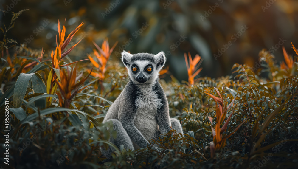 Naklejka premium Serene ring tailed lemur with bright orange eyes sitting among tropical foliage