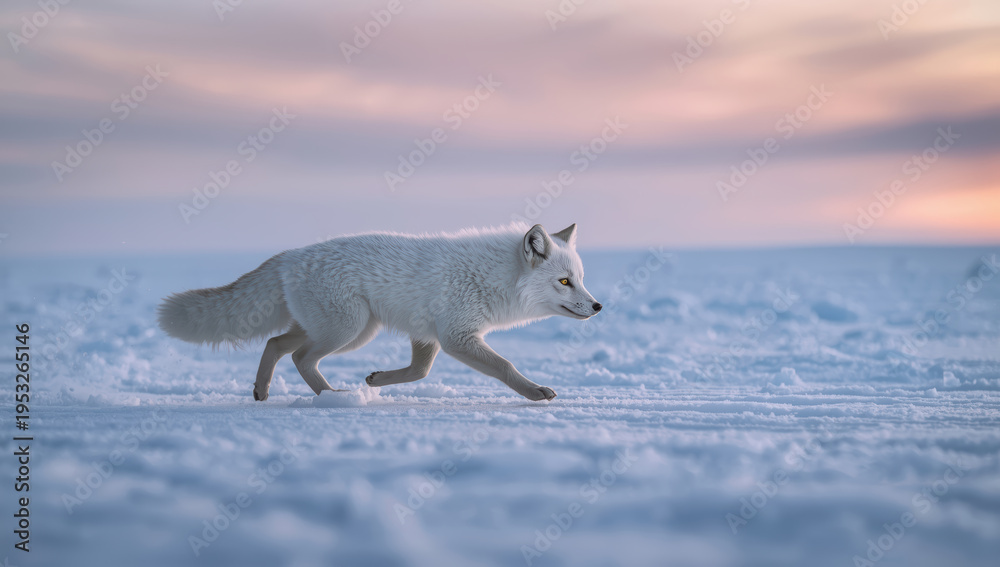 Obraz premium Arctic fox walking on snowy tundra at sunset, sleek white fur and focused expression