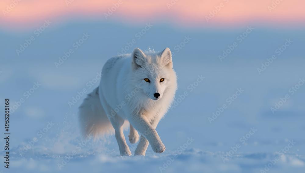 Fototapeta premium Arctic fox running across snowy tundra at sunrise with soft pink sky