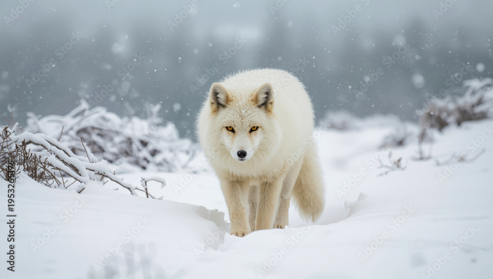 Naklejka premium Arctic fox in snowy landscape with falling snow and golden eyes walking toward camera