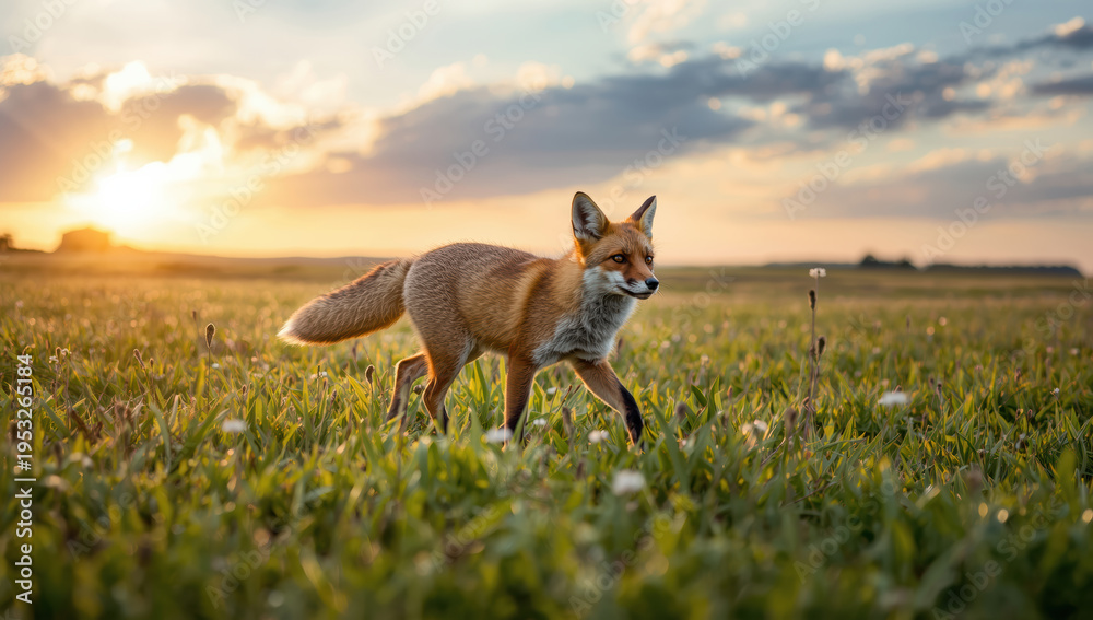 Obraz premium Young red fox walking through grassy field at golden sunset, serene and alert