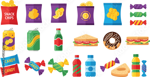 Vector illustration set of colorful junk food snacks and sugary drinks icons including potato chips candy bars soda bottles sandwiches and glazed chocolate donuts.