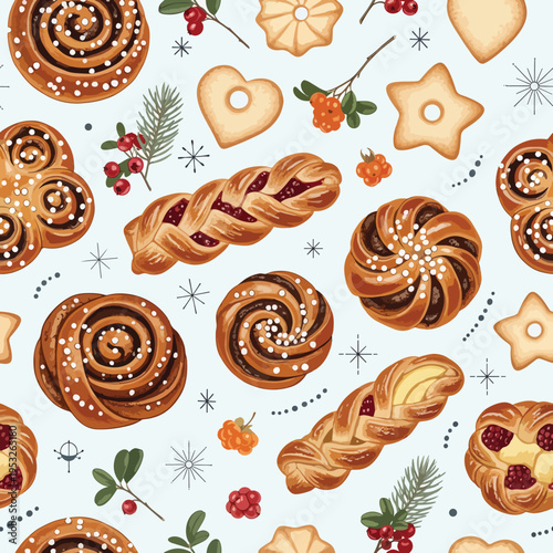 Variety of sweet pastries and cookies with festive decorations on a white background in a flat lay composition with warm tones.