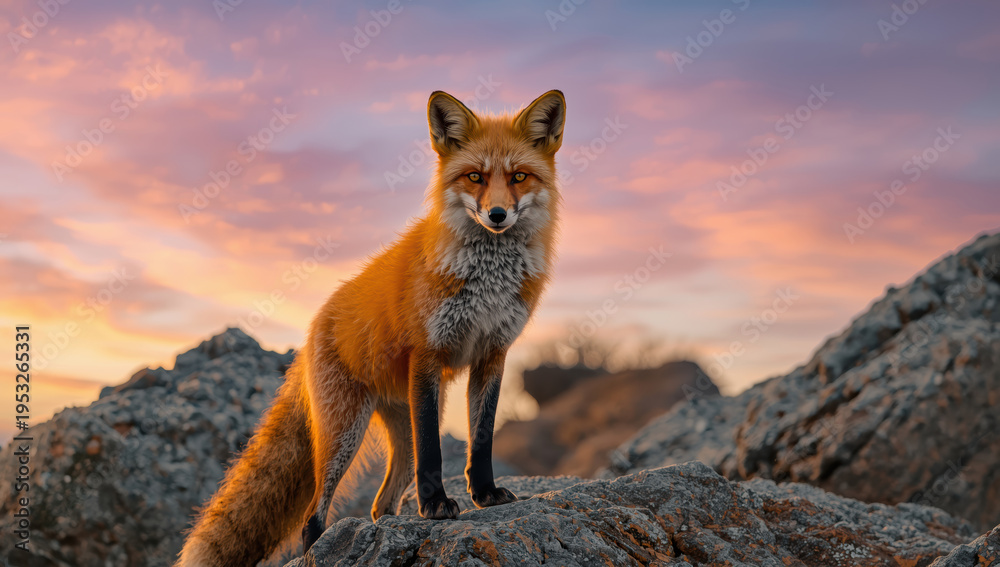 Obraz premium Vibrant red fox standing on rocky outcrop at sunset with warm glowing sky