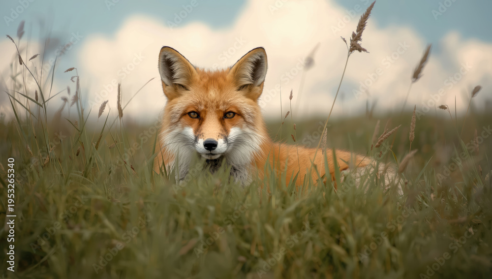 Fototapeta premium Red fox lying in grassy meadow with soft clouds and warm light