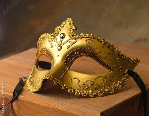 A gold masquerade mask on a wooden block
