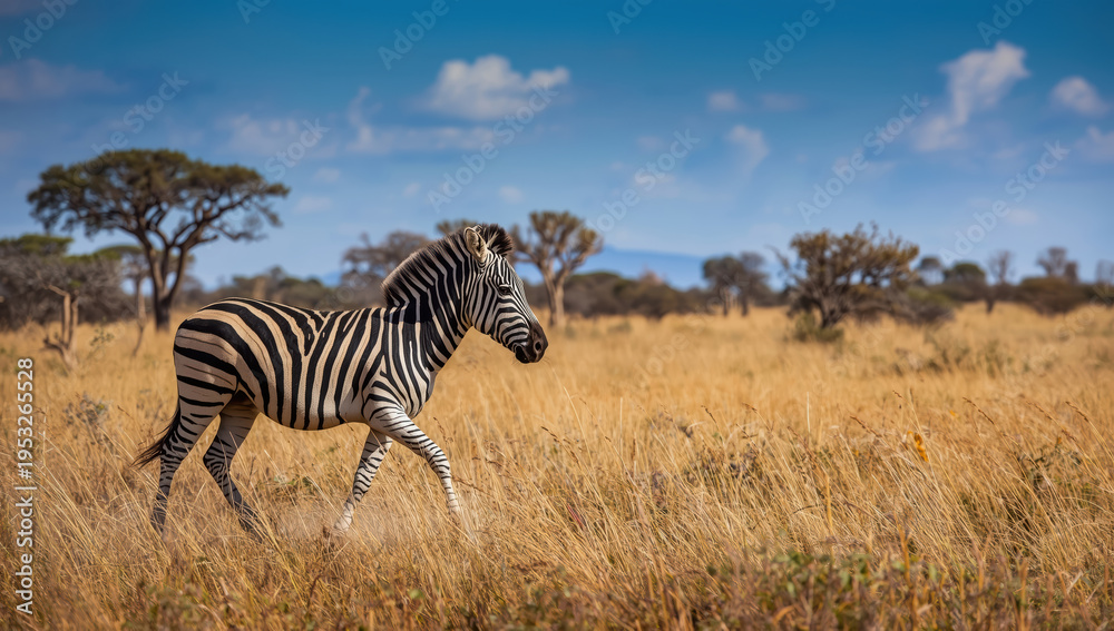 Fototapeta premium Zebra grassland savannah african plains wildlife walking in golden grass