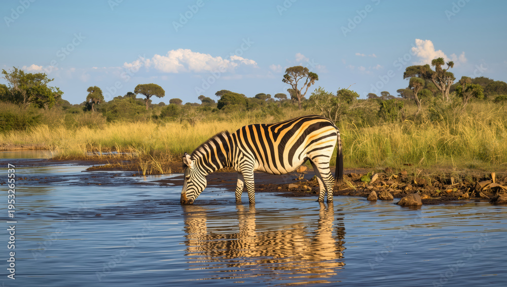 Naklejka premium Zebra drinking water at savanna riverbank with reflected stripes in calm light
