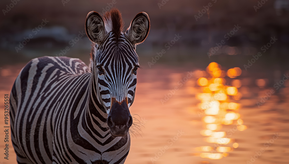 Fototapeta premium Zebra portrait at sunset by reflective water, warm glow and calm gaze