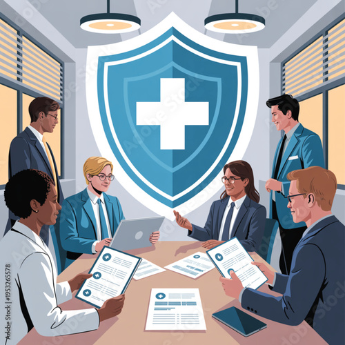 Healthcare professionals discussing medical documents in a meeting room, with a large shield and cross icon