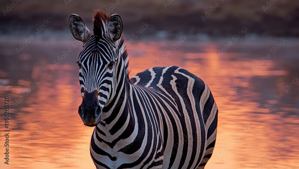 Obraz premium Zebra standing by water at sunset with warm reflective light and vivid stripes
