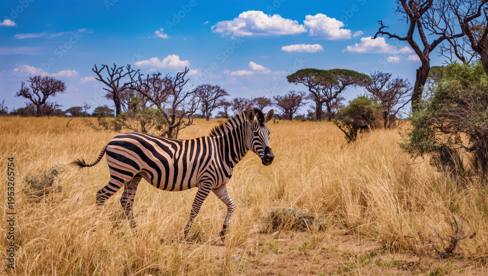 Obraz premium Zebra walking through golden savanna grass blue sky with scattered clouds, serene wildlife scene