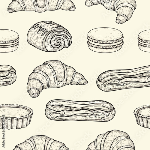 Seamless pattern of various baked goods including croissants and sandwiches drawn in black on a beige background with a detailed illustration style.